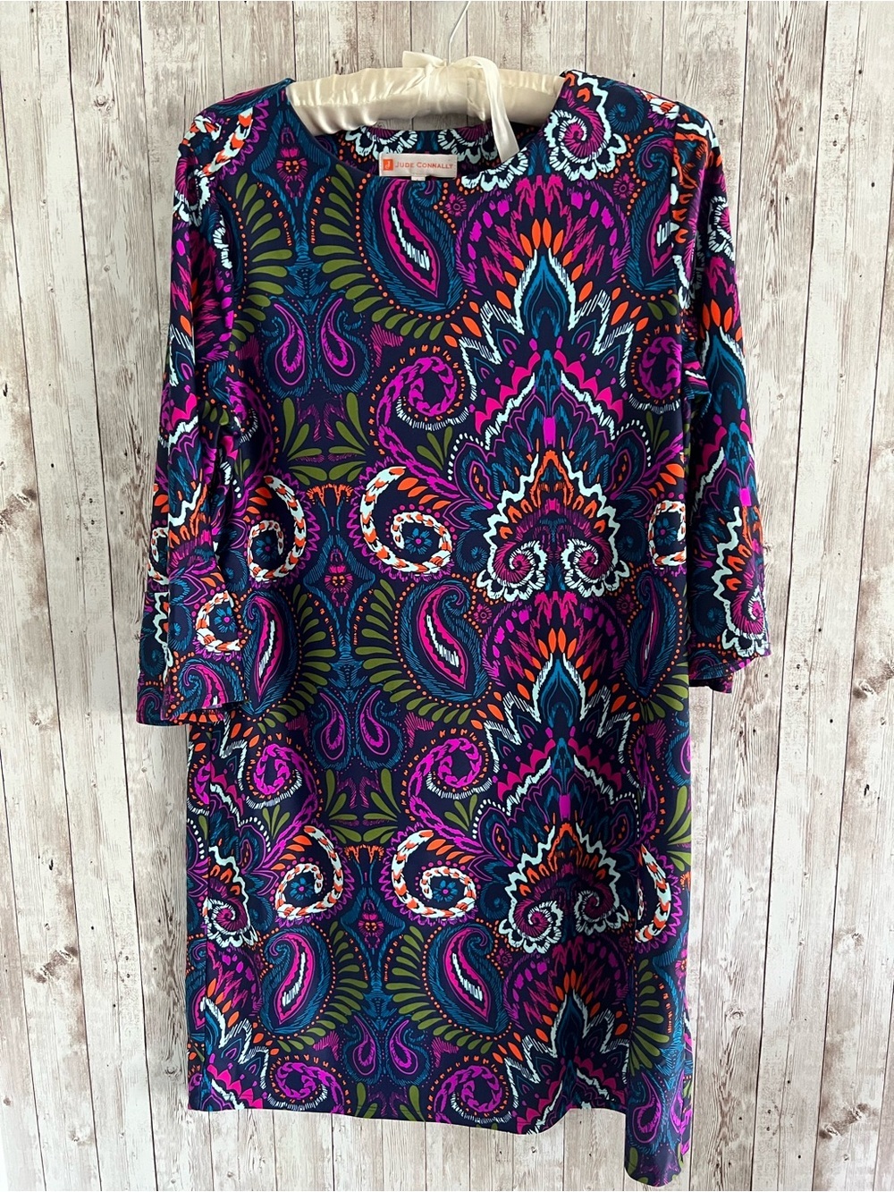 Jude Connally Abstract Boho Purple Paisley Shift Dress 3/4 Sleeve Large